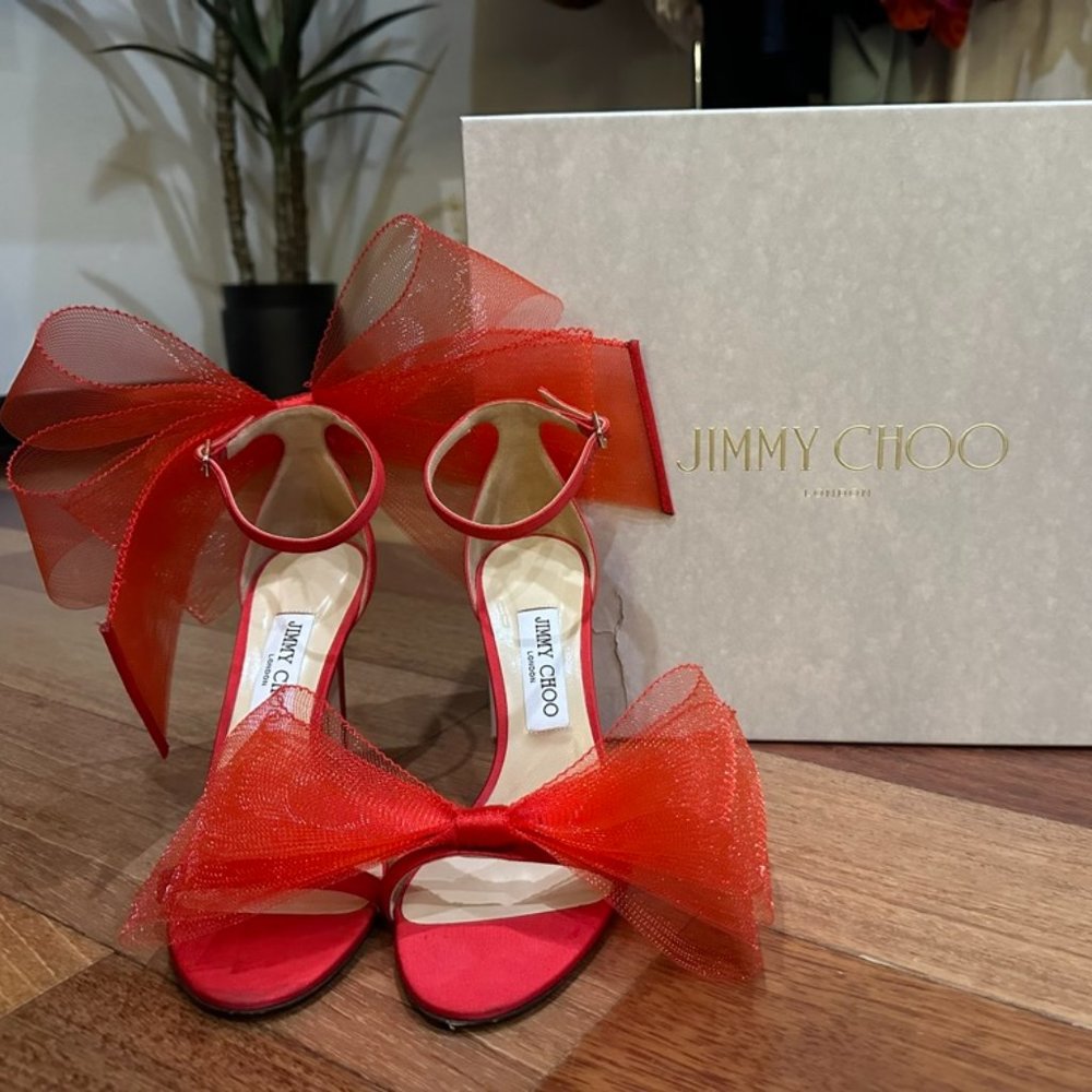 Jimmy Choo Aveline 100 Bow Ankle Strap Sandal Siletto in Red - Size 38.5 / 8 US